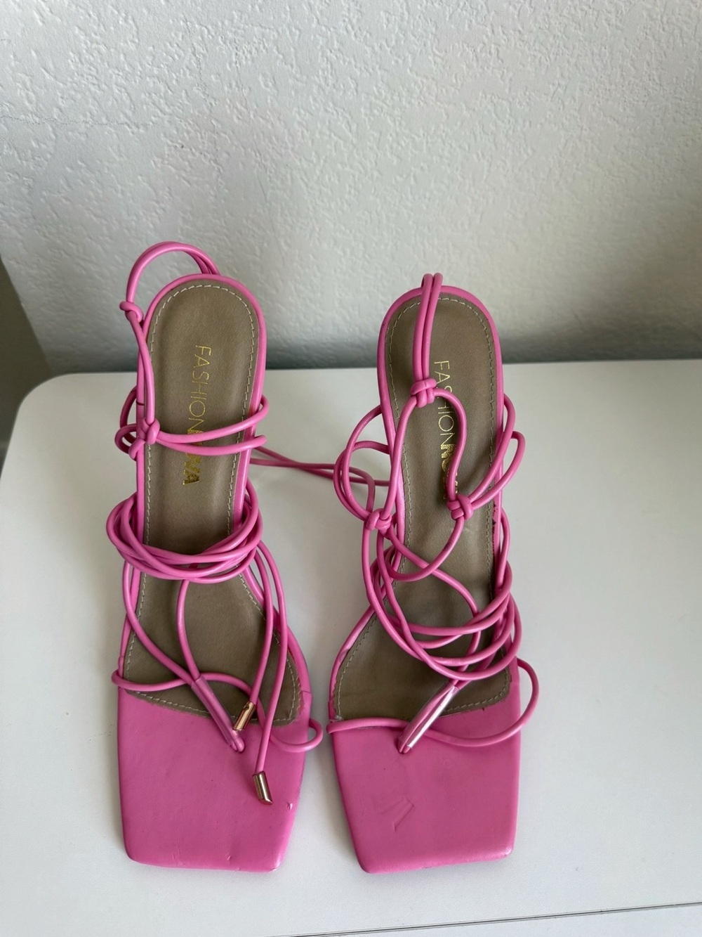 Fashion Nova Hot Pink Lace-Up Square Toe Heels